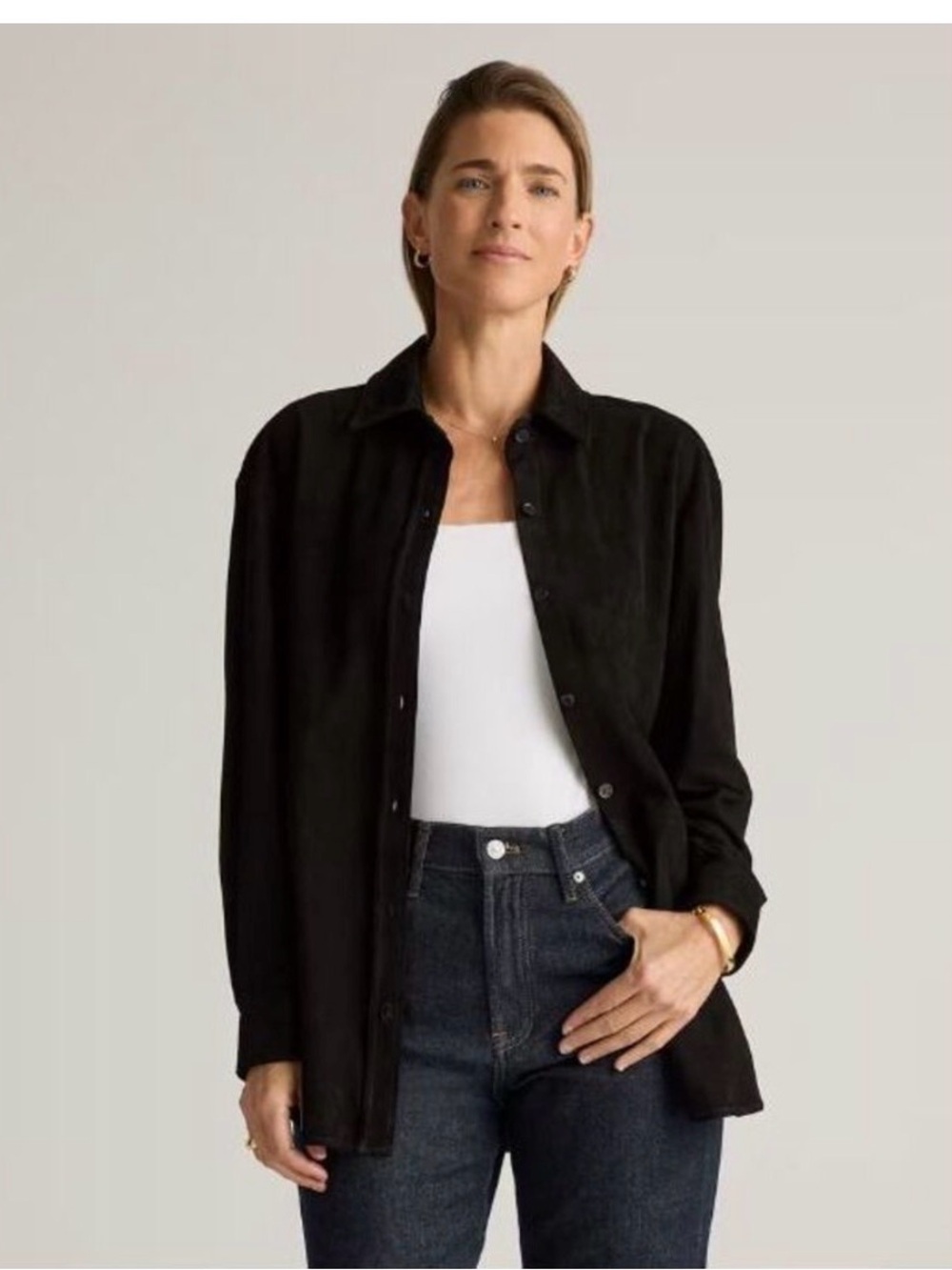 Quince Black Button-Down 100% suede Over Shirt - Women's Long Sleeve